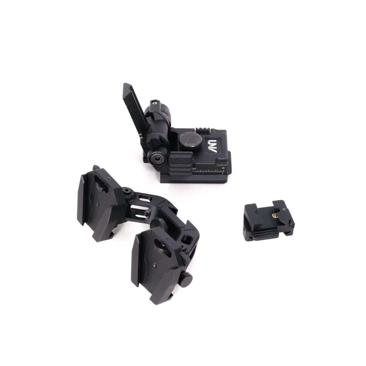 night vision optics helmet mount combo set, three black metal mounting parts on white background