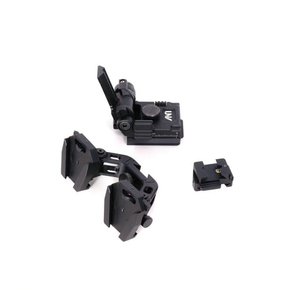 night vision optics helmet mount combo set, three black metal mounting parts on white background