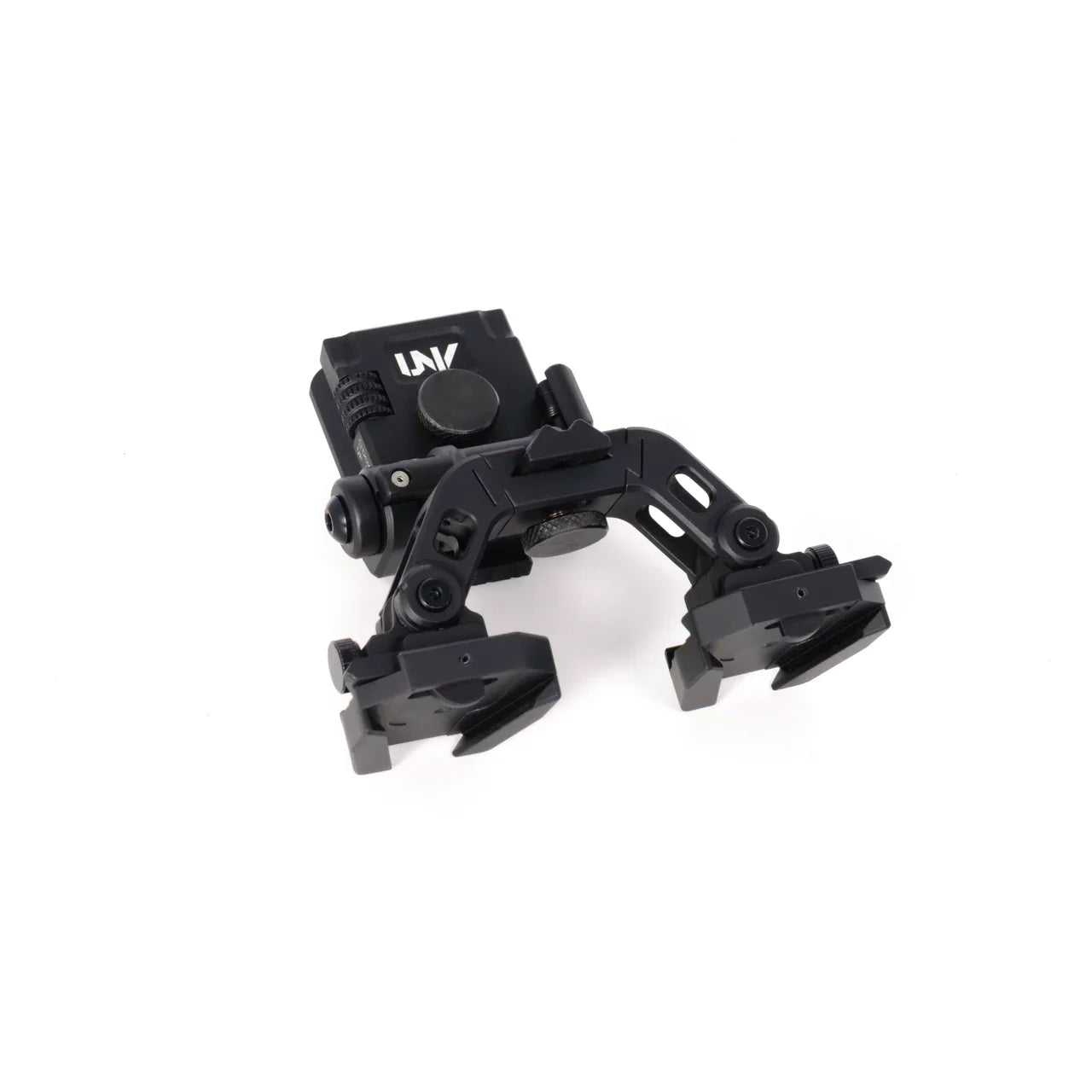 Black adjustable night vision goggle helmet mount with side release on white background