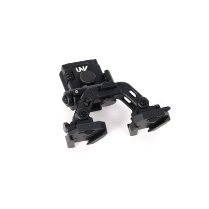 Black adjustable night vision goggle helmet mount with side release on white background