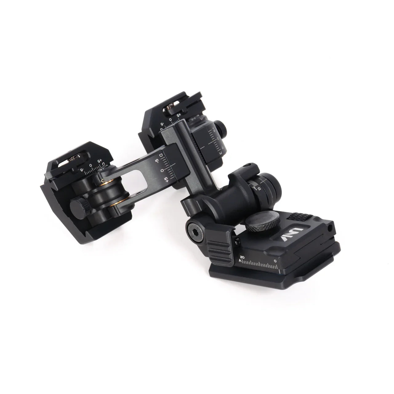 Black adjustable night vision goggle mount with precise measurement dials on white background