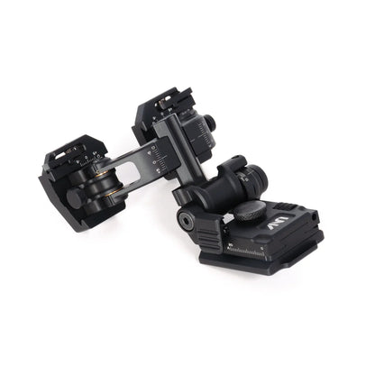 Black adjustable night vision goggle mount with precise measurement dials on white background