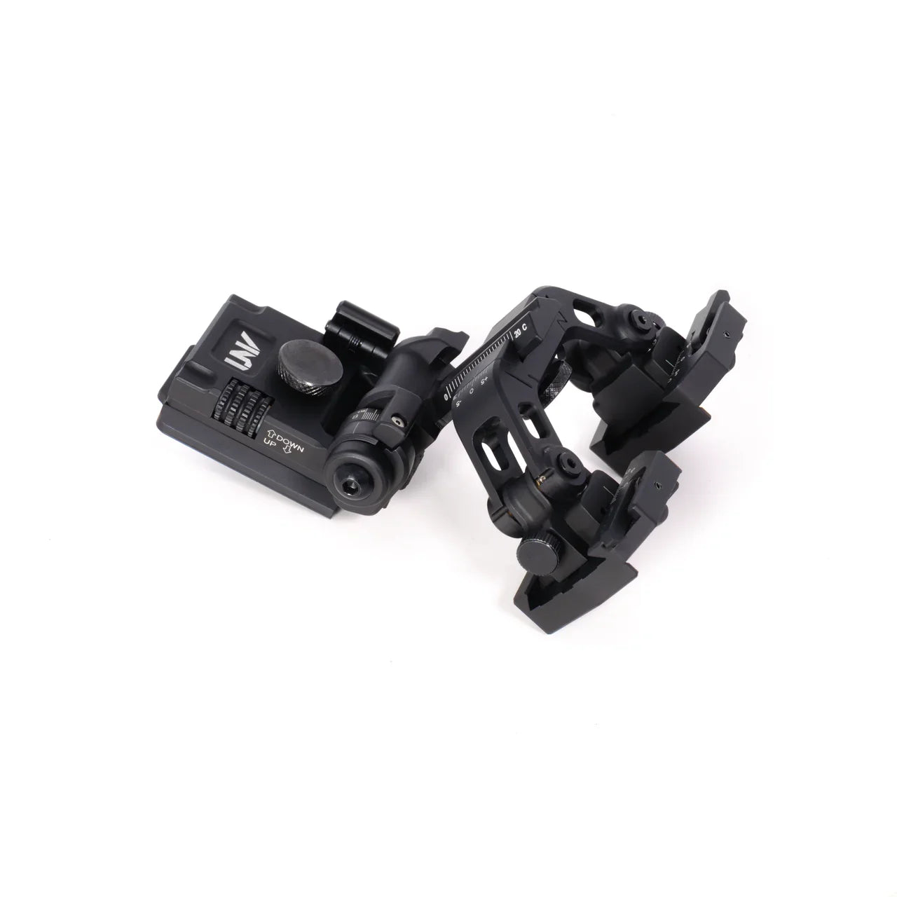 Black adjustable night vision helmet mount on white background