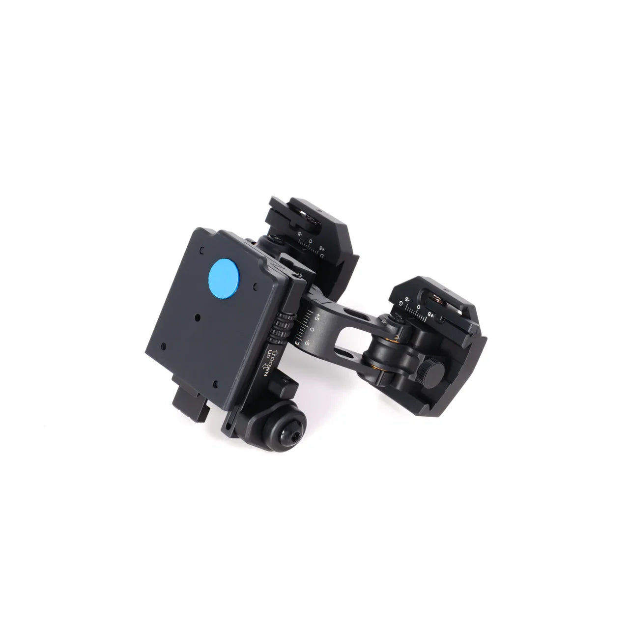 Black night vision goggle mounting system with adjustment knobs on a white background