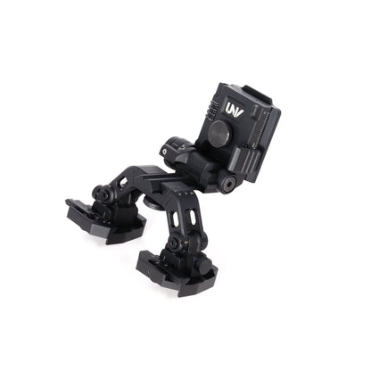 Adjustable night vision goggle mount with black metal construction on white background