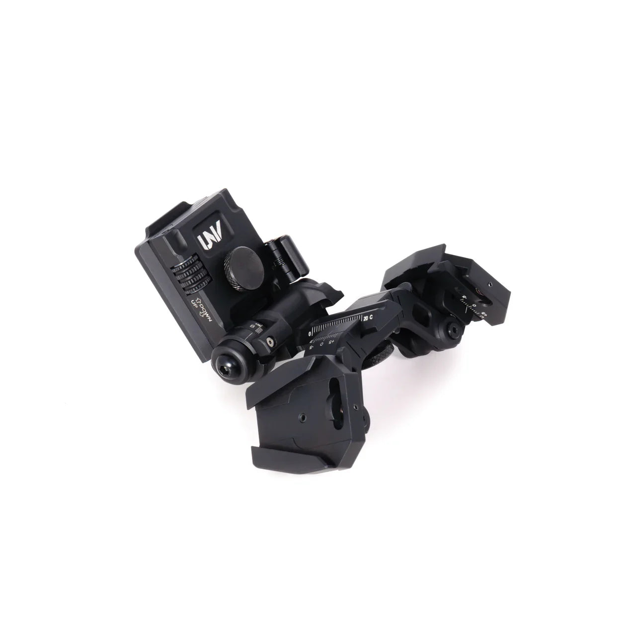 Black night vision goggle mount with adjustment knobs and reinforced metal design