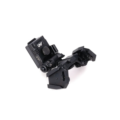 Black night vision goggle mount with adjustment knobs and reinforced metal design