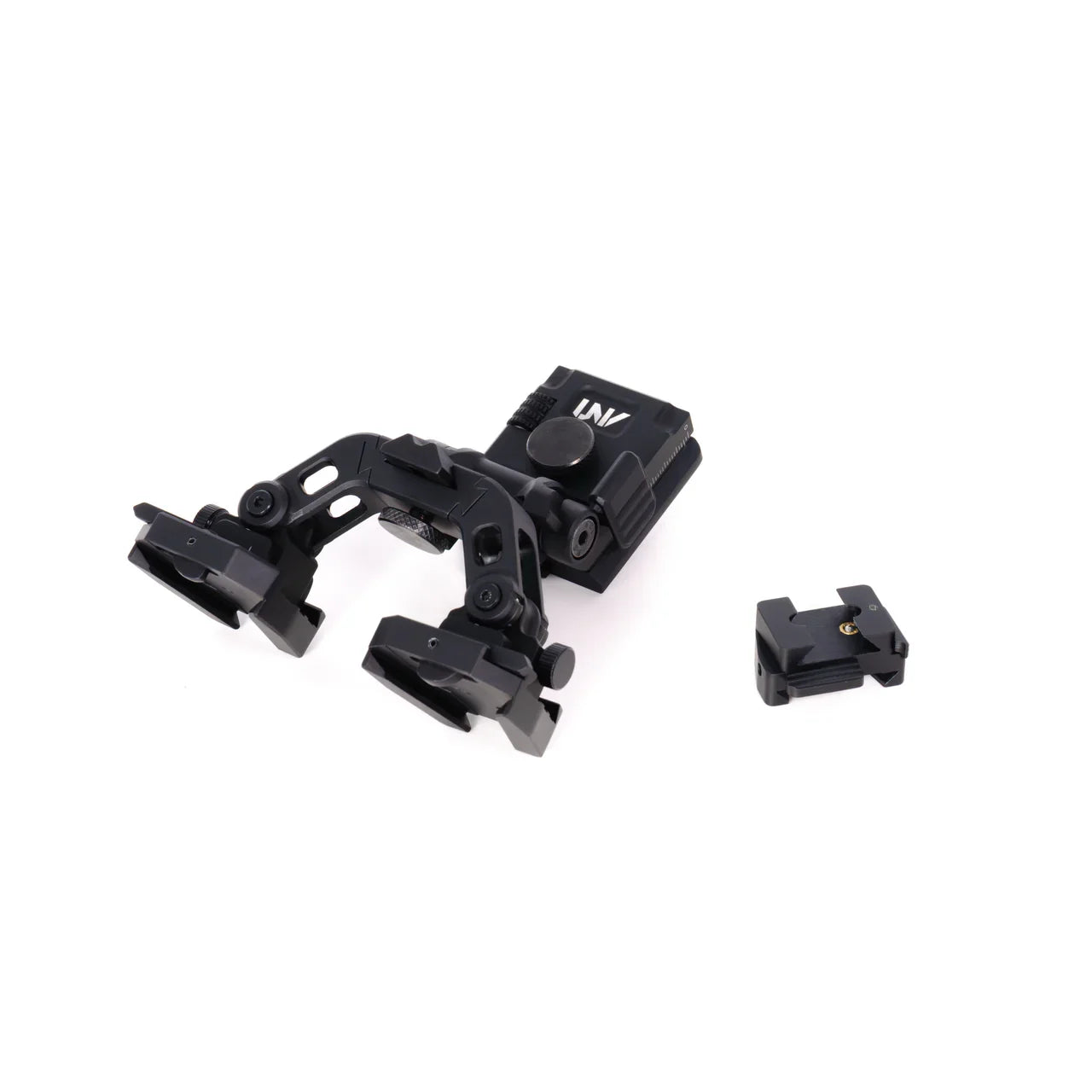 Black night vision goggle mount kit with adjustable arms and small attachment on white background
