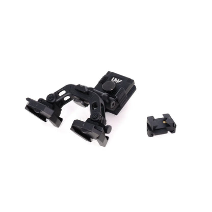 Black night vision goggle mount kit with adjustable arms and small attachment on white background