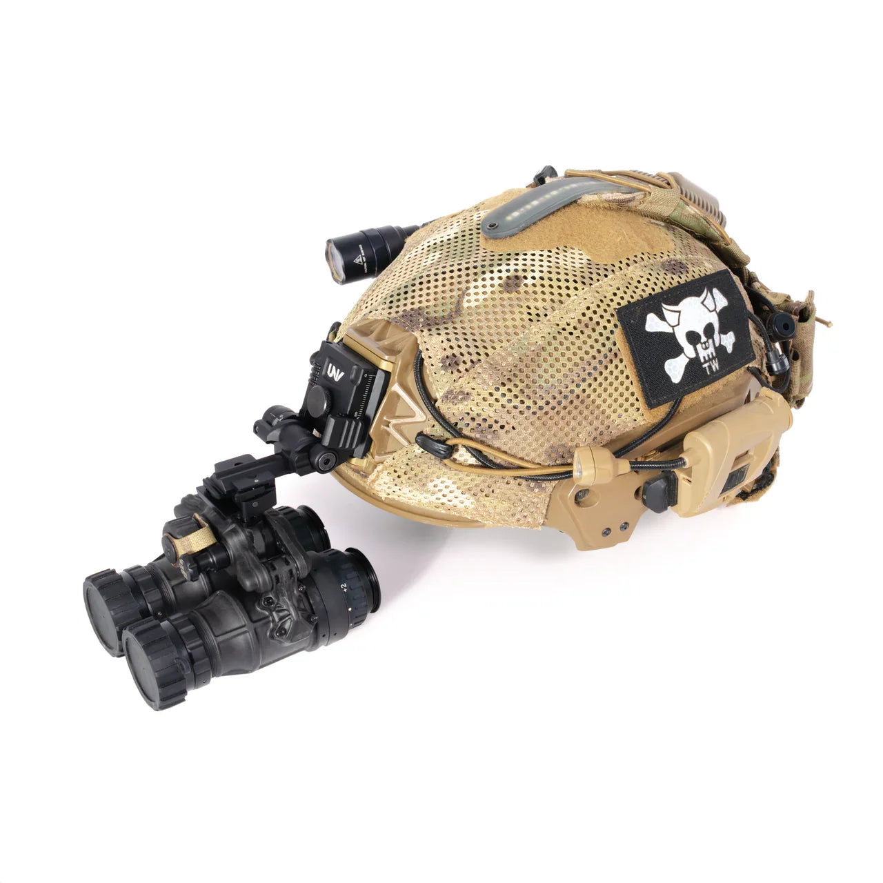 Tactical helmet with mounted dual night vision goggles and camo cover, side view