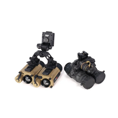 Two dual-tube night vision goggles, one tan with mount and one black, on white background