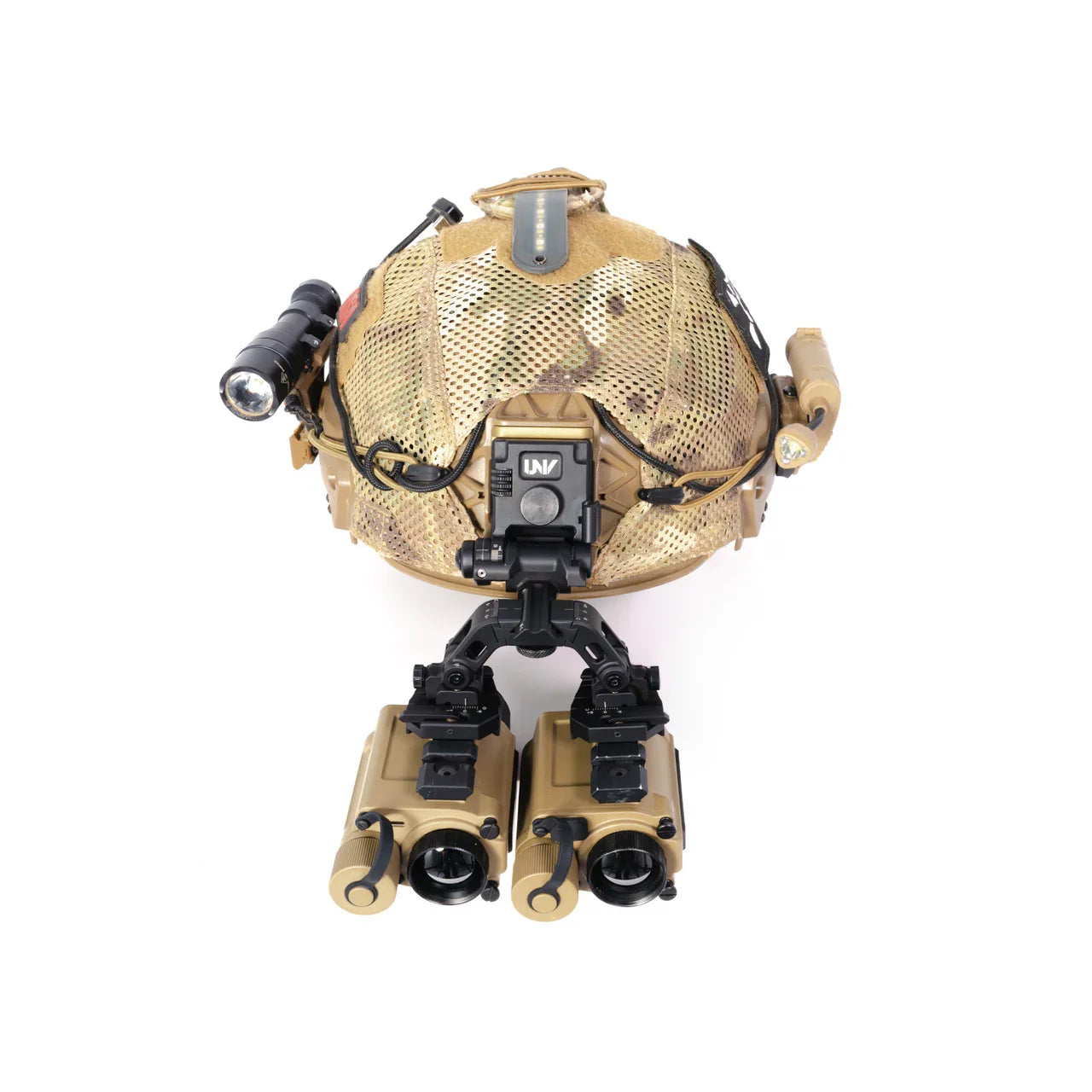 Tactical helmet with dual mounted thermal optics and flashlight attachment