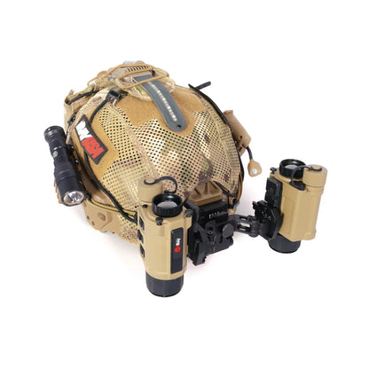 Tactical helmet with dual tan night vision monoculars and mounted flashlight