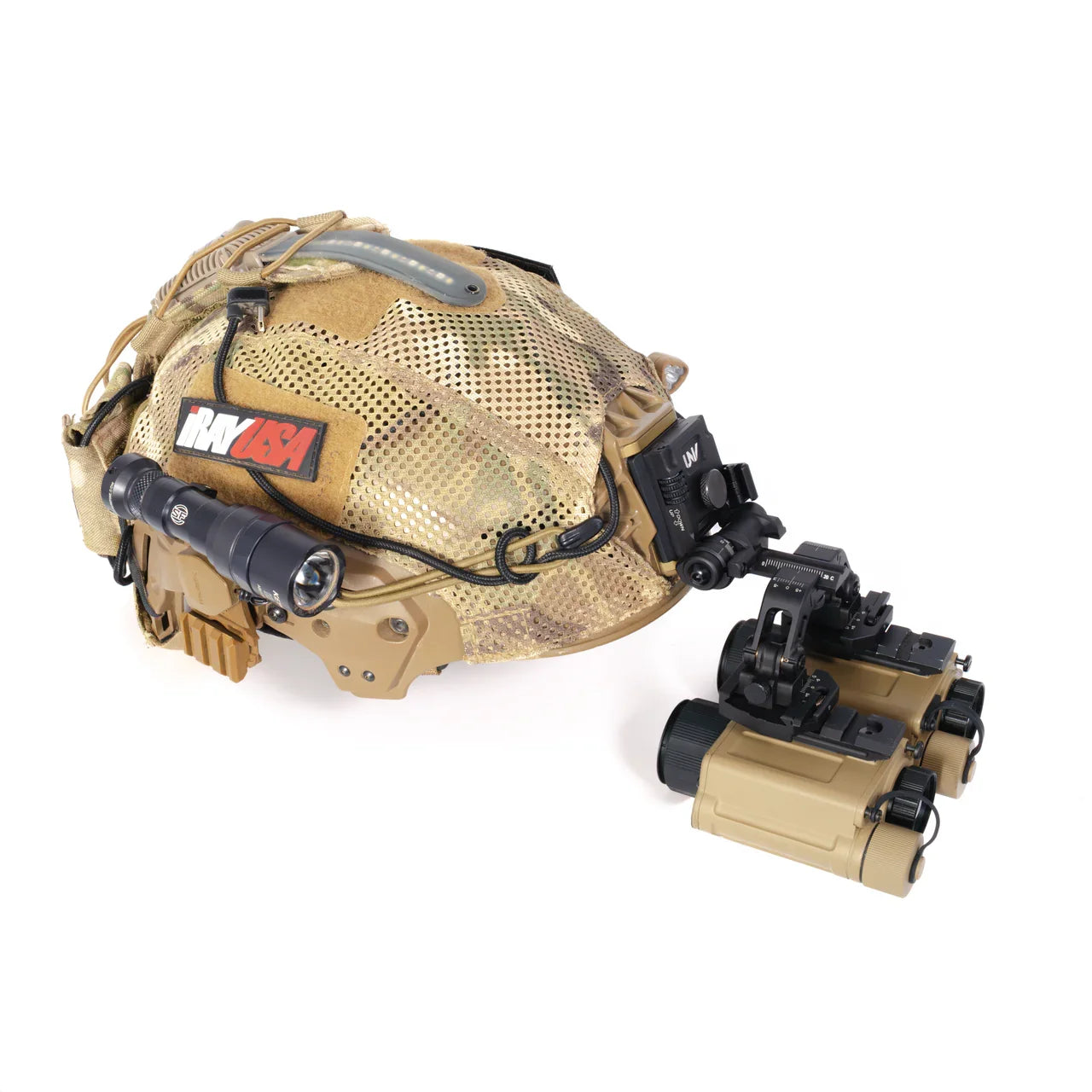 Tactical helmet with dual thermal imaging devices and mounted flashlight on white background