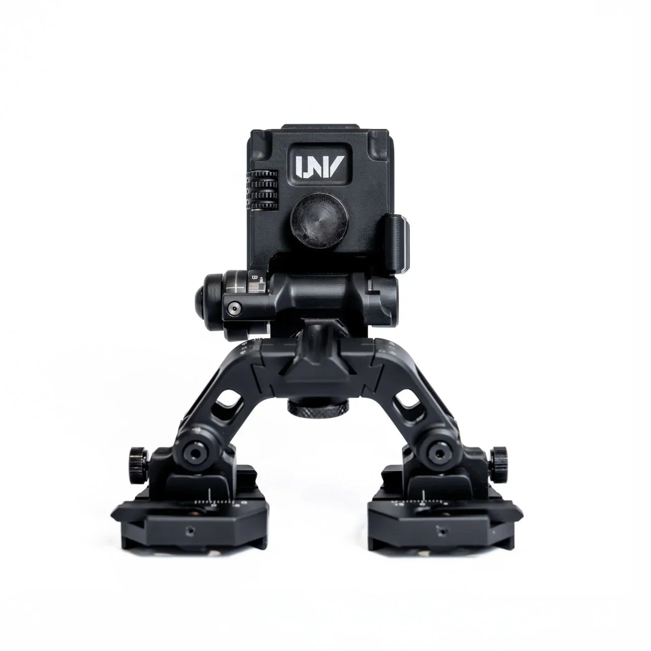 Universal night vision bridge mount for helmet and binocular optics, front view on white background