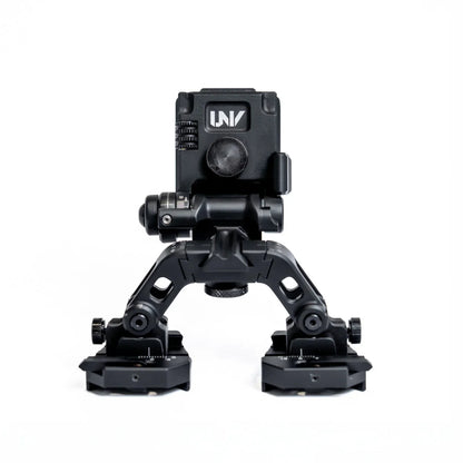 Universal night vision bridge mount for helmet and binocular optics, front view on white background