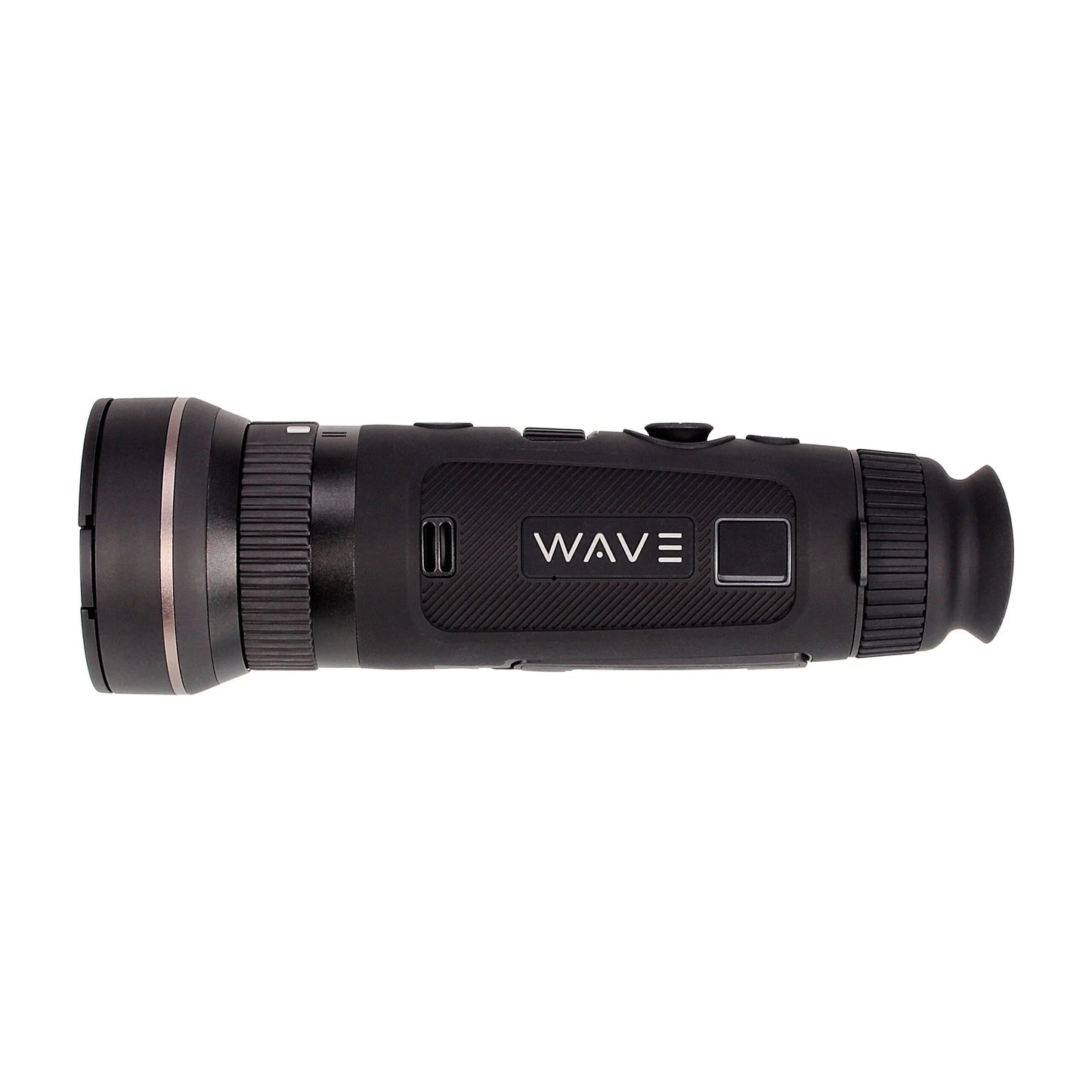 Black handheld thermal imaging monocular with WAVE logo, side profile view
