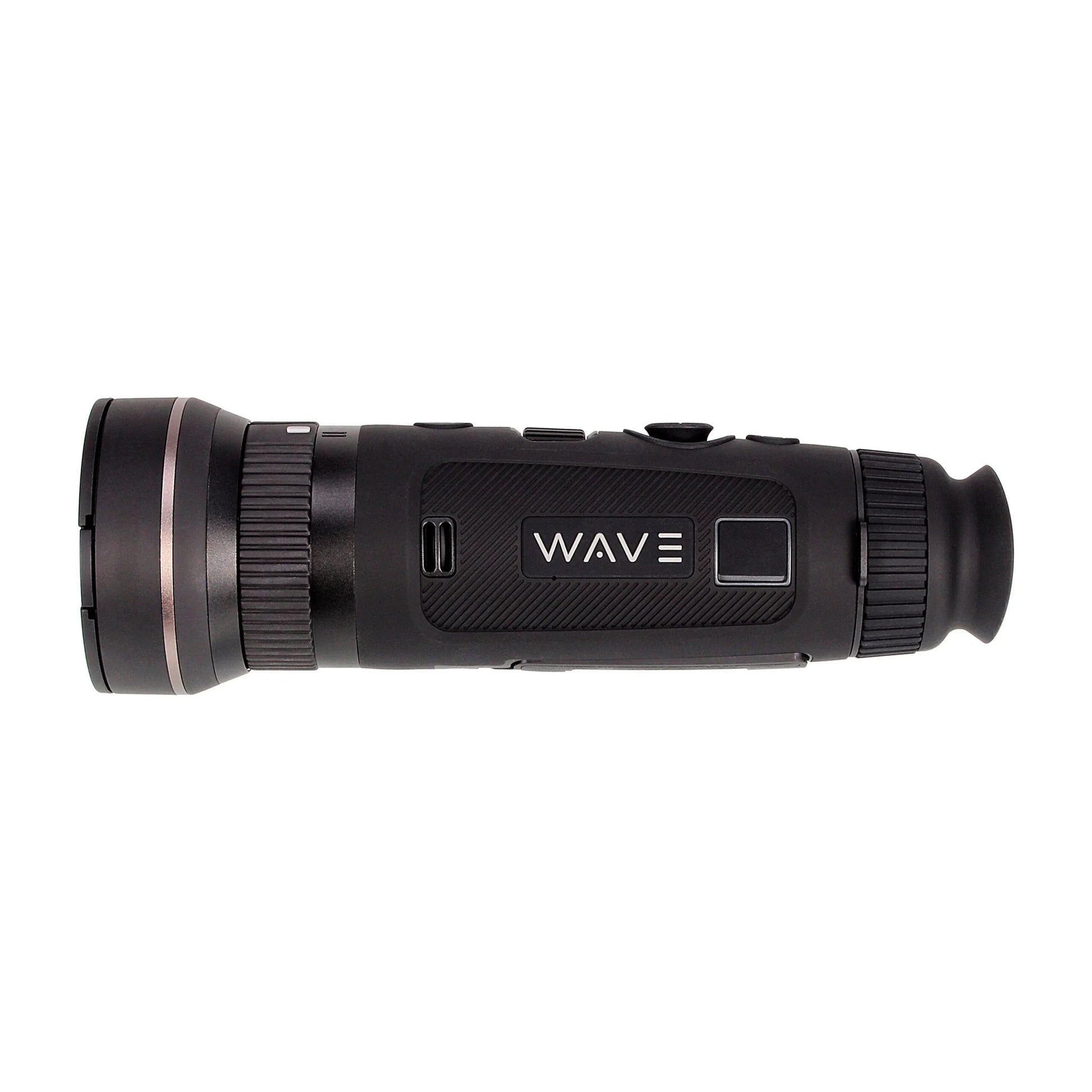 Black handheld thermal imaging monocular with WAVE logo, side profile view