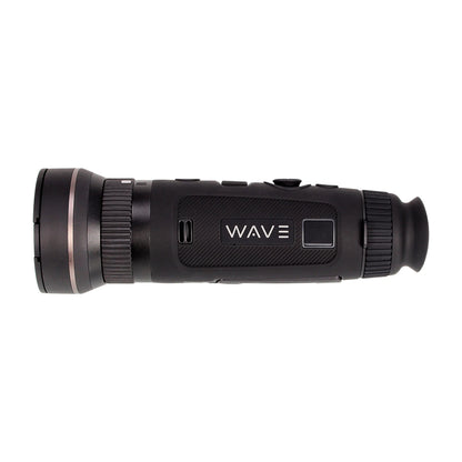 Black handheld thermal imaging monocular with WAVE logo, side profile view