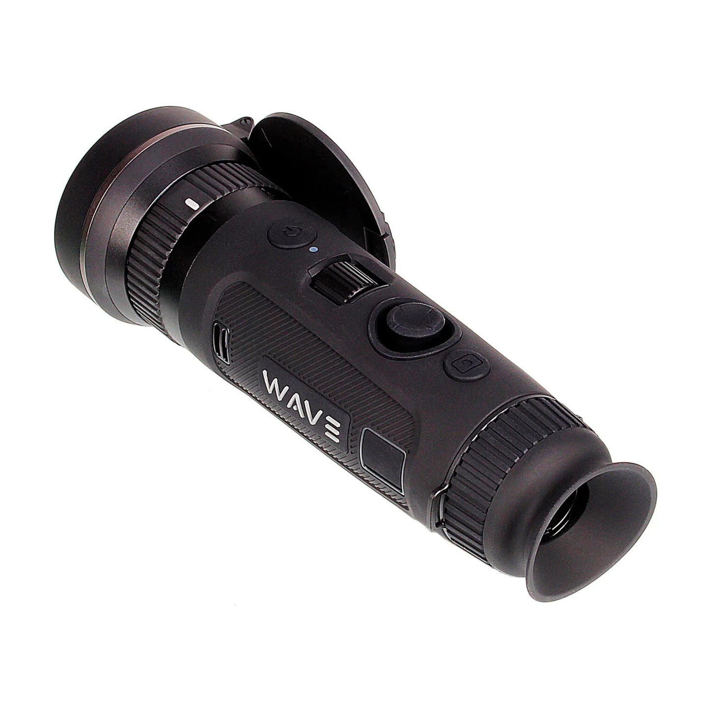 Compact WAVE thermal monocular with control buttons and flip-up lens cover