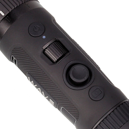 Close-up of thermal imaging monocular controls and buttons on black device