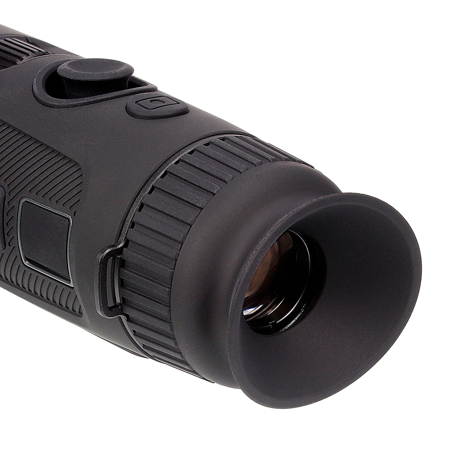 Close-up of black night vision monocular eyepiece with textured rubber grip and control buttons