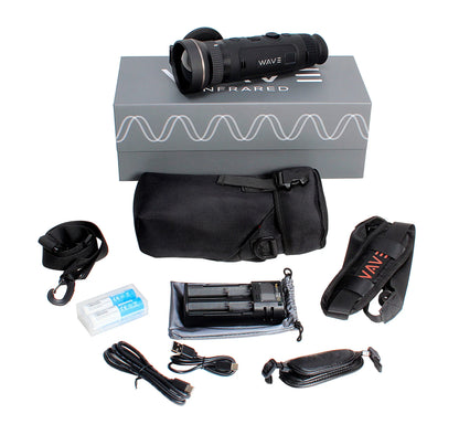 Thermal monocular with accessories including case, straps, cables, and battery charger.