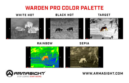 Thermal imaging color palette comparison showing wildlife in white hot, black hot, target, rainbow, and sepia modes.
