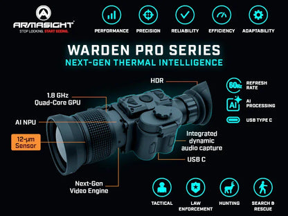 Warden Pro Series thermal imaging monocular features GPU, 12μm sensor, night vision optics.
