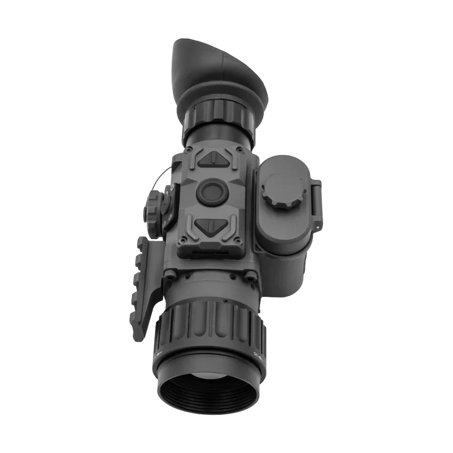 Thermal imaging scope with control buttons and lens, isolated on white background