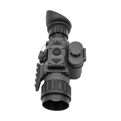Thermal imaging scope with control buttons and lens, isolated on white background