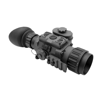 Tactical night vision scope with large eyepiece and adjustment knobs, isolated on white