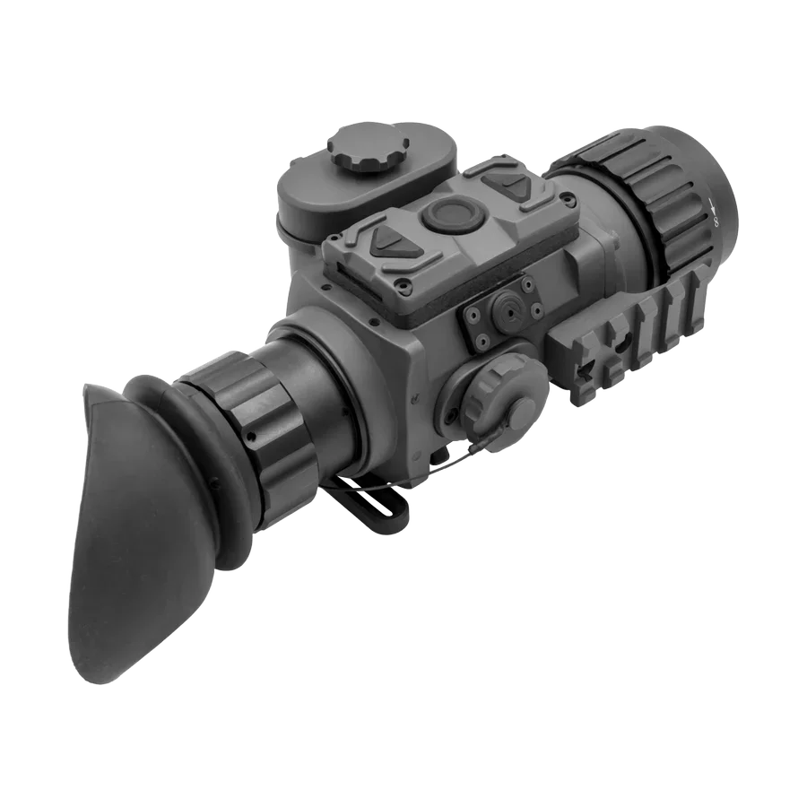 Compact thermal night vision scope with control buttons and eyecup, isolated on white background