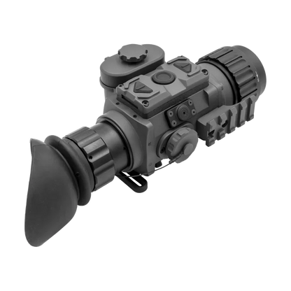 Compact thermal night vision scope with control buttons and eyecup, isolated on white background