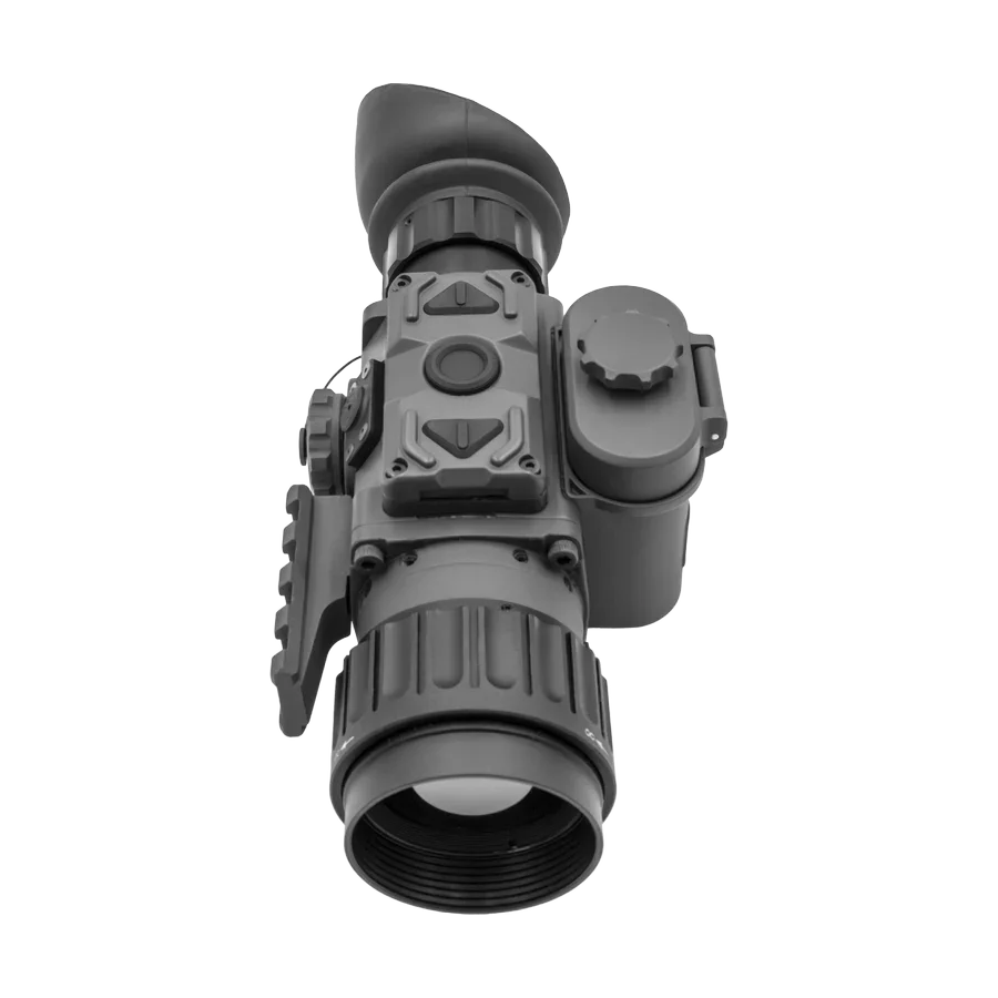 Digital thermal imaging scope with control buttons and lens, isolated on white background