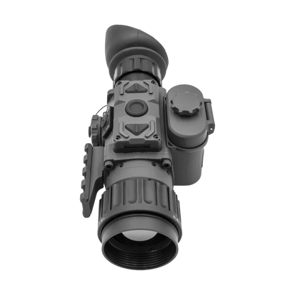 Digital thermal imaging scope with control buttons and lens, isolated on white background