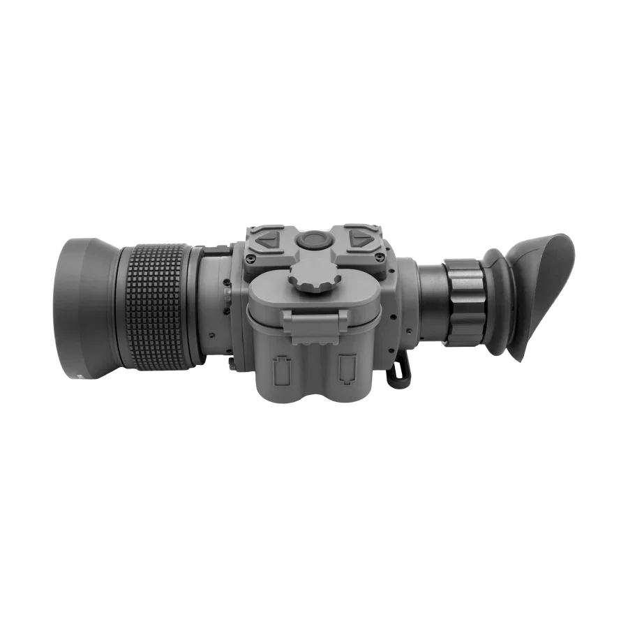 Compact thermal imaging scope with textured focus ring and ergonomic eyepiece, side view
