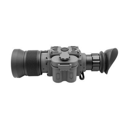 Compact thermal imaging scope with textured focus ring and ergonomic eyepiece, side view