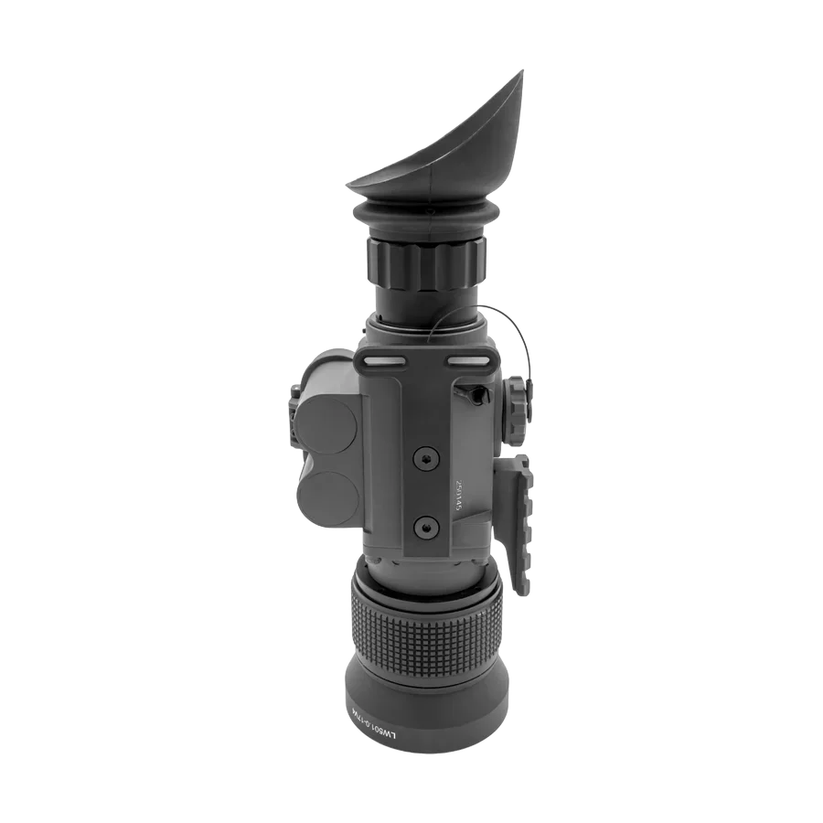 Side view of a digital night vision scope with large objective lens and rubber eyepiece