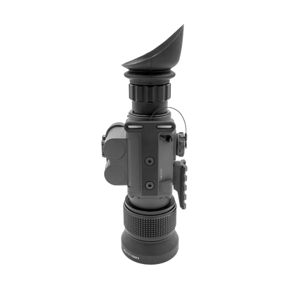Side view of a digital night vision scope with large objective lens and rubber eyepiece