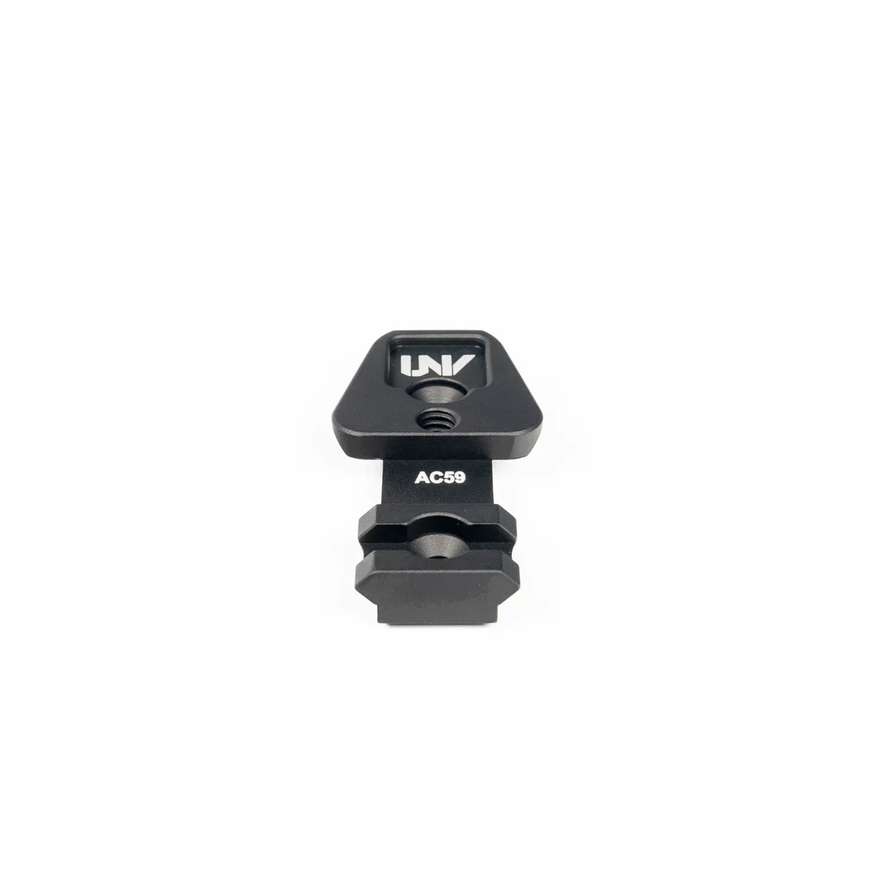Black metal Picatinny rail adapter mount with AC59 marking for night vision optics