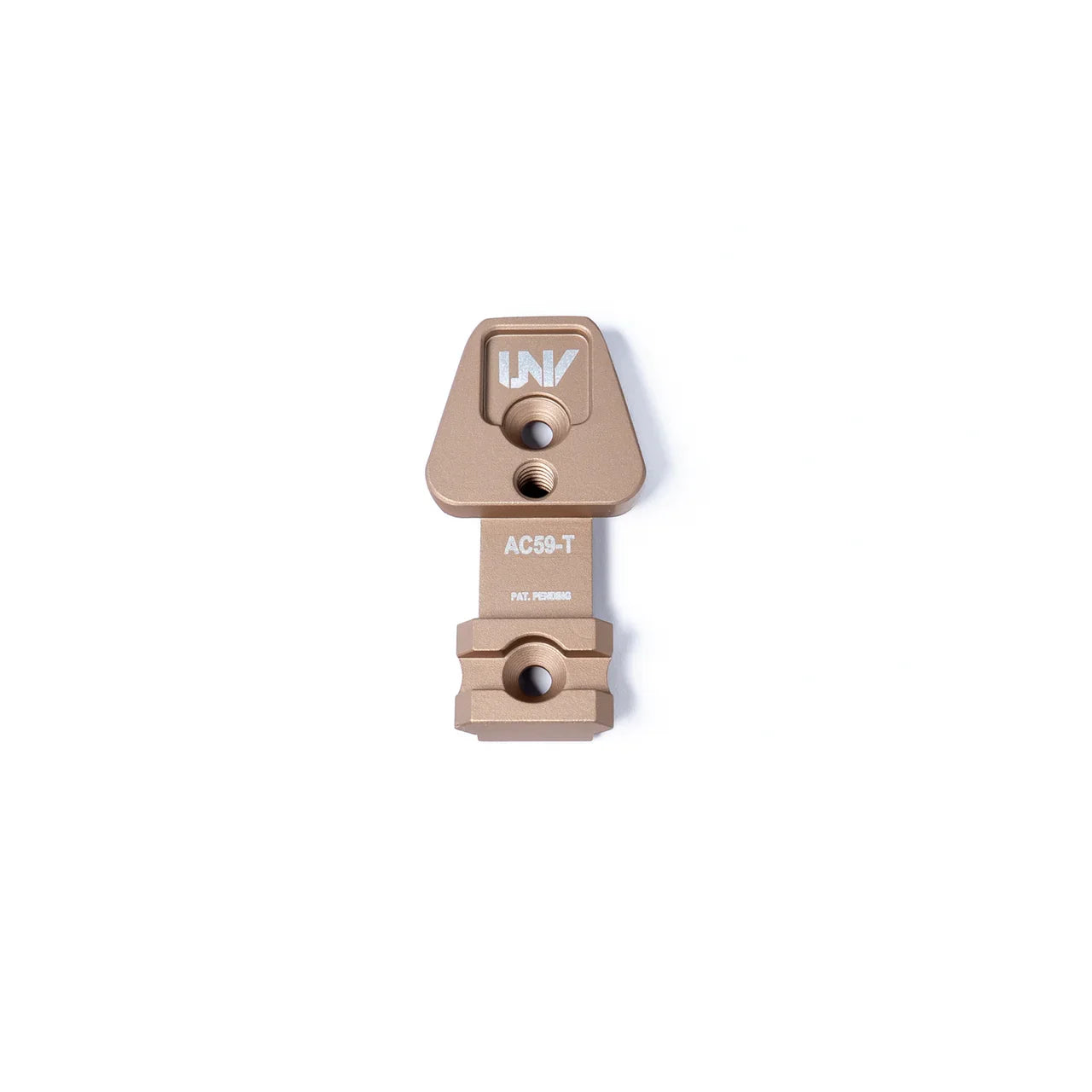 Tan aluminum night vision optics mounting adapter with AC59-T marking on white background