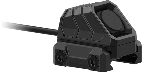 Compact black optic mount accessory with rail attachment and push button, for night vision gear