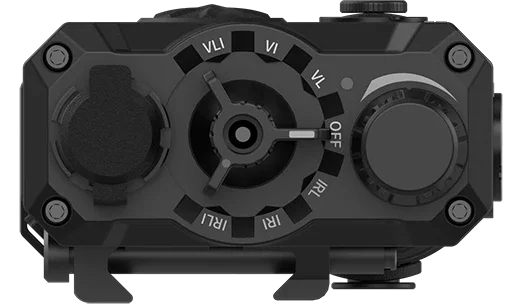 Close-up of night vision optic device control panel with adjustment dials and labeled settings.