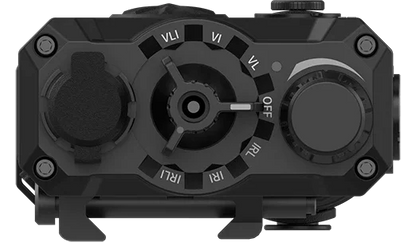 Close-up of night vision optic device control panel with adjustment dials and labeled settings.