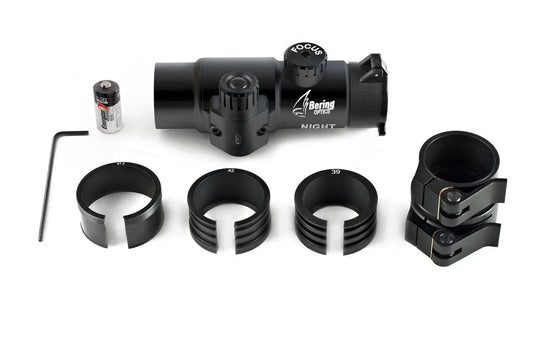Night vision clip-on optic system with focus knob, battery, mounting rings, and tool