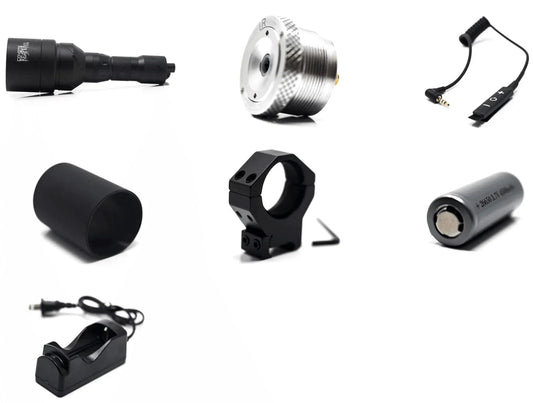 Infrared illuminator kit with flashlight, lens, mount, battery, charger, and remote switch